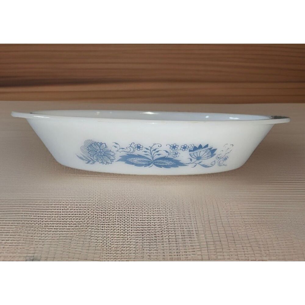 Vintage Milk Glass GlassBake “Blue Onion”  “Blue Thistle”  Oval  Divided Dish